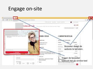 Engage on-site
.
Bezoeker dreigt de
website te verlaten.
1. Trigger de bezoeker
2. Gebruik het als service tool
 