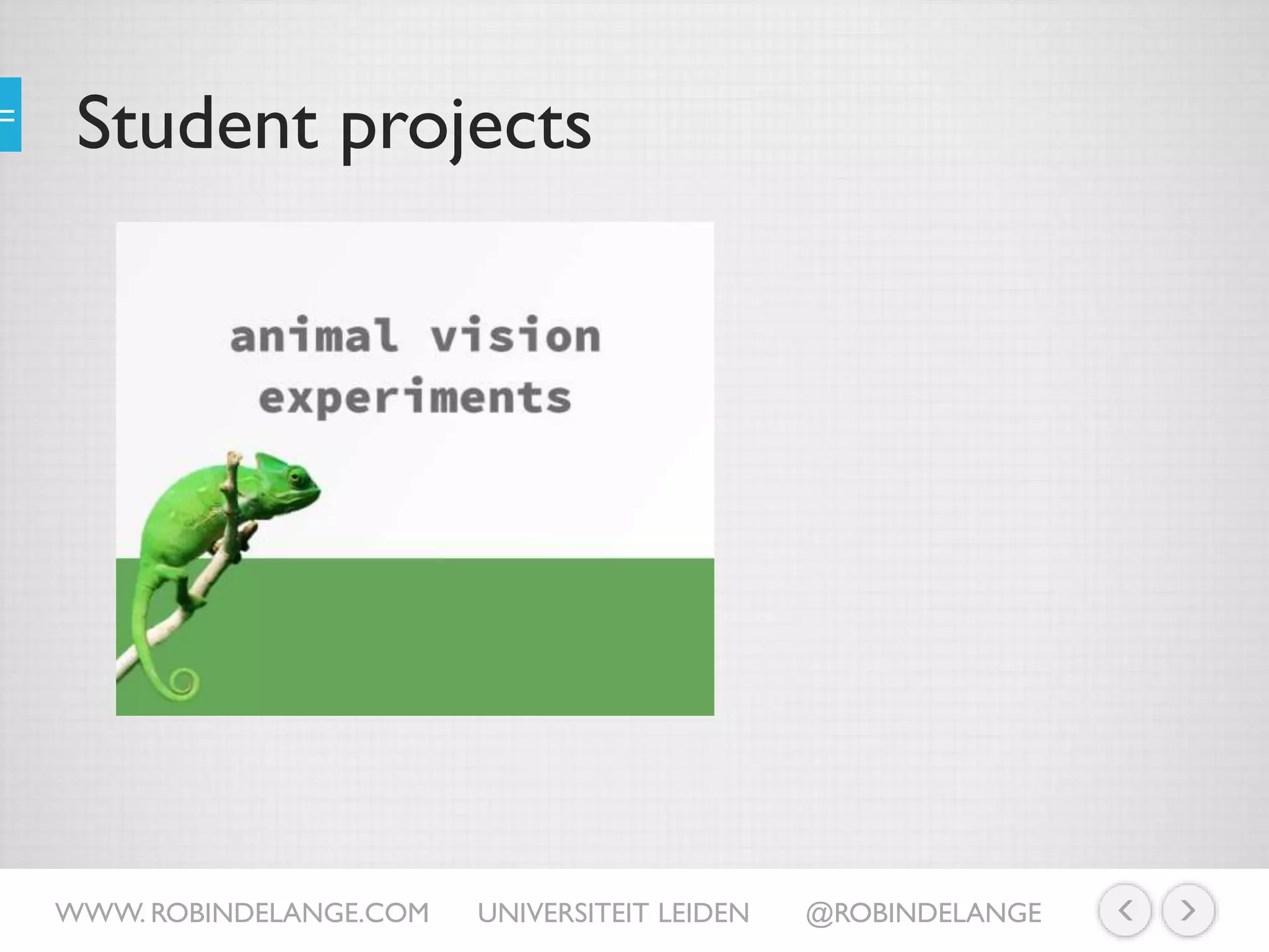 Student projects
WWW. ROBINDELANGE.COM UNIVERSITEIT LEIDEN @ROBINDELANGE
 