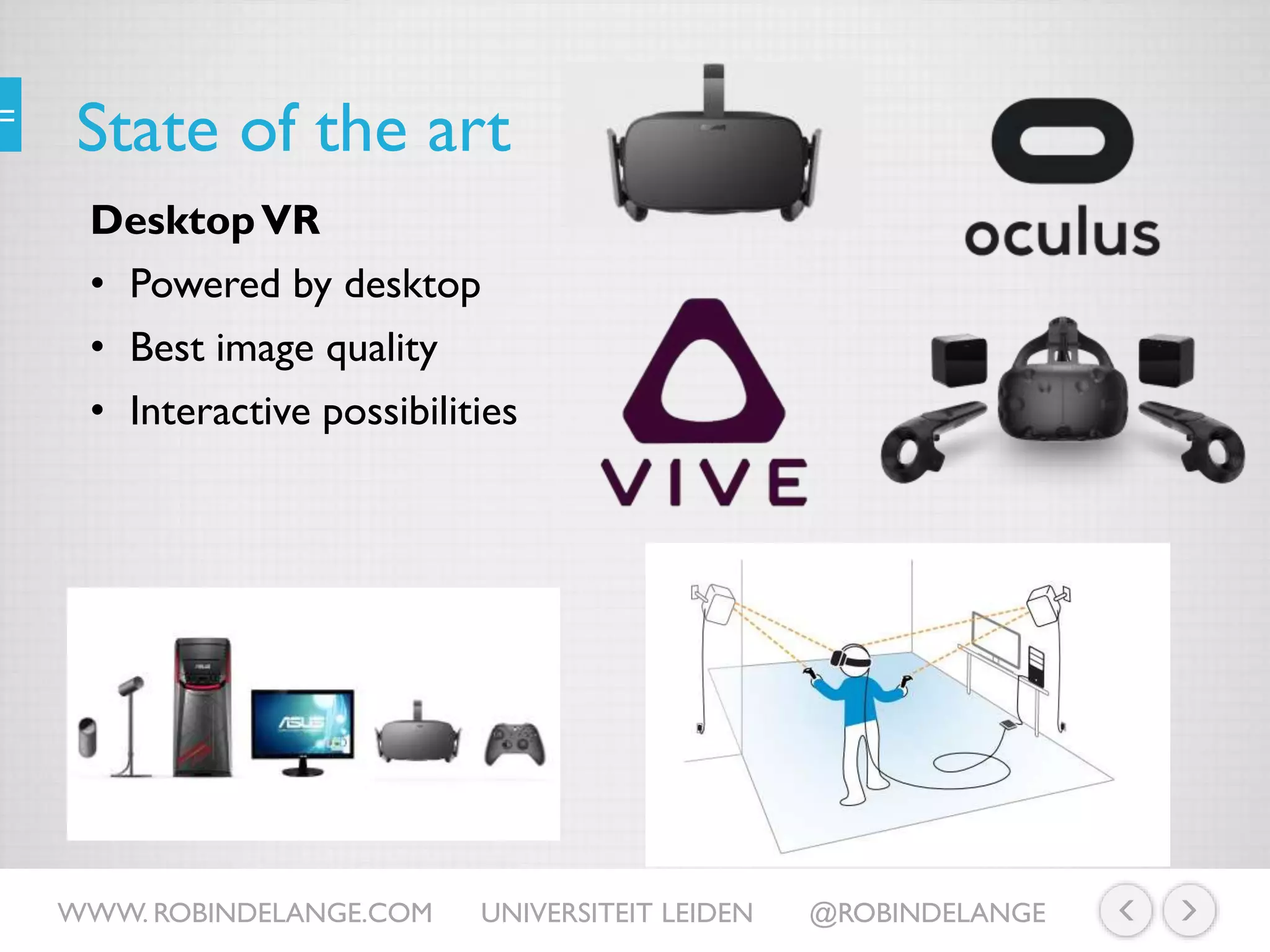 State of the art
DesktopVR
• Powered by desktop
• Best image quality
• Interactive possibilities
WWW. ROBINDELANGE.COM UNIVERSITEIT LEIDEN @ROBINDELANGE
 