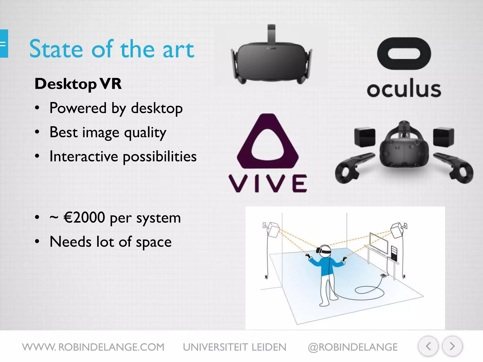 State of the art
DesktopVR
• Powered by desktop
• Best image quality
• Interactive possibilities
WWW. ROBINDELANGE.COM UNIVERSITEIT LEIDEN @ROBINDELANGE
• ~ €2000 per system
• Needs lot of space
 