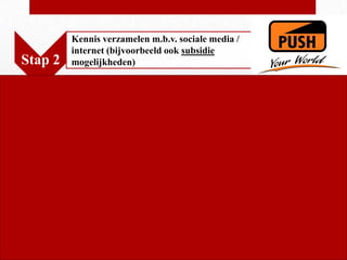 Kennis verzamelen m.b.v. sociale media /
         internet (bijvoorbeeld ook subsidie
Stap 2   mogelijkheden)
 