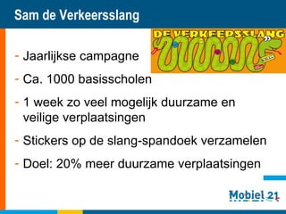 Sam de Verkeersslang Jaarlijkse campagne Ca. 1000 basisscholen 1 week zo veel mogelijk duurzame en veilige verplaatsingen Stickers op de slang-spandoek verzamelen Doel: 20% meer duurzame verplaatsingen 