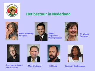 Het bestuur in Nederland
Gerda Havertong
Voorzitter
Theo van der Voordt
Vice Voorzitter
Willem
Augustinus
Penningmeester
Aly Wolsink
Secretaris
Ed CoolsMarc Wortmann Joyce van den Boogaard
 