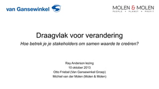Draagvlak voor verandering
Hoe betrek je je stakeholders om samen waarde te creëren?

Ray Anderson lezing
10 oktober 2013
Otto Friebel (Van Gansewinkel Groep)
Michiel van der Molen (Molen & Molen)
1

 