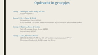 Opdracht	in	groepjes	
Groep	1:	Monique,	Kees,	Ricky	&	Koos
Gevelbeeld	68833
Groep	2:	Bert,	Anne &	Henk
Bureau	Open	Depot	15241
KLYSTRON	YK	1001	met	inventarisnummer	42652	voor	de	telefoonkaartenkast
Groep	3:	Maurice,	Roos	&	Corina
Schrijflessenaar	Open	Depot	44518
Dagseinlamp	48697	
Groep	4:	Anja,	Menno	&	Ruud
ZENDBUIS	PHILIPS	TA	18/100	kW	met	inventarisnummer	19947
Bijzondere	boeken	uit	de	bieb	naar	het	depot
 