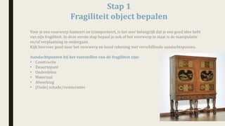 Voor	je	een	voorwerp	hanteert	en	transporteert,	is	het	zeer	belangrijk	dat	je	een	goed	idee	hebt	
van	zijn	fragiliteit. In	deze	eerste	stap	bepaal	je	ook	of	het	voorwerp in	staat	is	de	manipulatie	
en/of	verplaatsing	te	ondergaan.
Kijk	hiervoor	goed	naar	het	voorwerp	en	houd	rekening	met	verschillende	aandachtspunten.
Aandachtpunten	bij	het	vaststellen	van	de	fragiliteit	zijn:	
• Constructie	
• Zwaartepunt
• Onderdelen
• Materiaal
• Afwerking
• (Oude)	schade/restauraties	
Stap	1	
Fragiliteit	object	bepalen	
 
