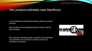 Van product-oriëntatie naar klantfocus
In de traditionele marketing-benadering staat het product
centraal
Het concept van het waardepropositie-ontwerp stelt de
klant centraal
Een optimale waardepropositie is gericht op het oplossen
van problemen van de klant en sluit dus aan bij de
behoefte van de klant.
www.business-model-you.nl
 