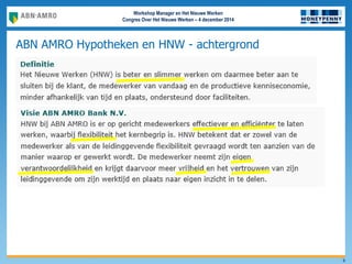 Workshop Manager en Het Nieuwe Werken
Congres Over Het Nieuwe Werken – 4 december 2014
ABN AMRO Hypotheken en HNW - achtergrond
8
 