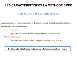 LA DEMARCHE DE LA METHODE SMED
LES CARACTERISTIQUES LA METHODE SMED
La démarche repose essentiellement sur la distinction qui doit être faite entre les opérations
internes et les opérations externes
• Opérations internes :
Opérations devant être réalisées obligatoirement machine arrêtée.
• Opérations externes :
Opérations pouvant être réalisées lorsque la machine est en marche.
La démarche d’étude et de recherche de solutions se déroule en 4 étapes
 