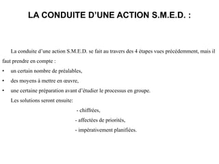 LA CONDUITE D’UNE ACTION S.M.E.D. :
La conduite d’une action S.M.E.D. se fait au travers des 4 étapes vues précédemment, mais il
faut prendre en compte :
• un certain nombre de préalables,
• des moyens à mettre en œuvre,
• une certaine préparation avant d’étudier le processus en groupe.
Les solutions seront ensuite:
- chiffrées,
- affectées de priorités,
- impérativement planifiées.
 