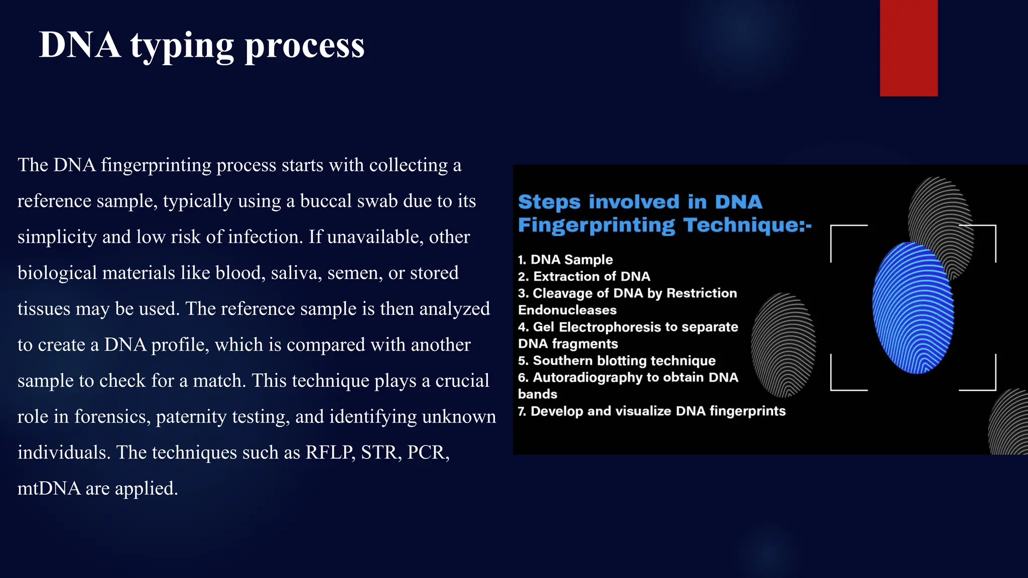 The DNA fingerprinting process starts with collecting a
reference sample, typically using a buccal swab due to its
simplicity and low risk of infection. If unavailable, other
biological materials like blood, saliva, semen, or stored
tissues may be used. The reference sample is then analyzed
to create a DNA profile, which is compared with another
sample to check for a match. This technique plays a crucial
role in forensics, paternity testing, and identifying unknown
individuals. The techniques such as RFLP, STR, PCR,
mtDNA are applied.
DNA typing process
 