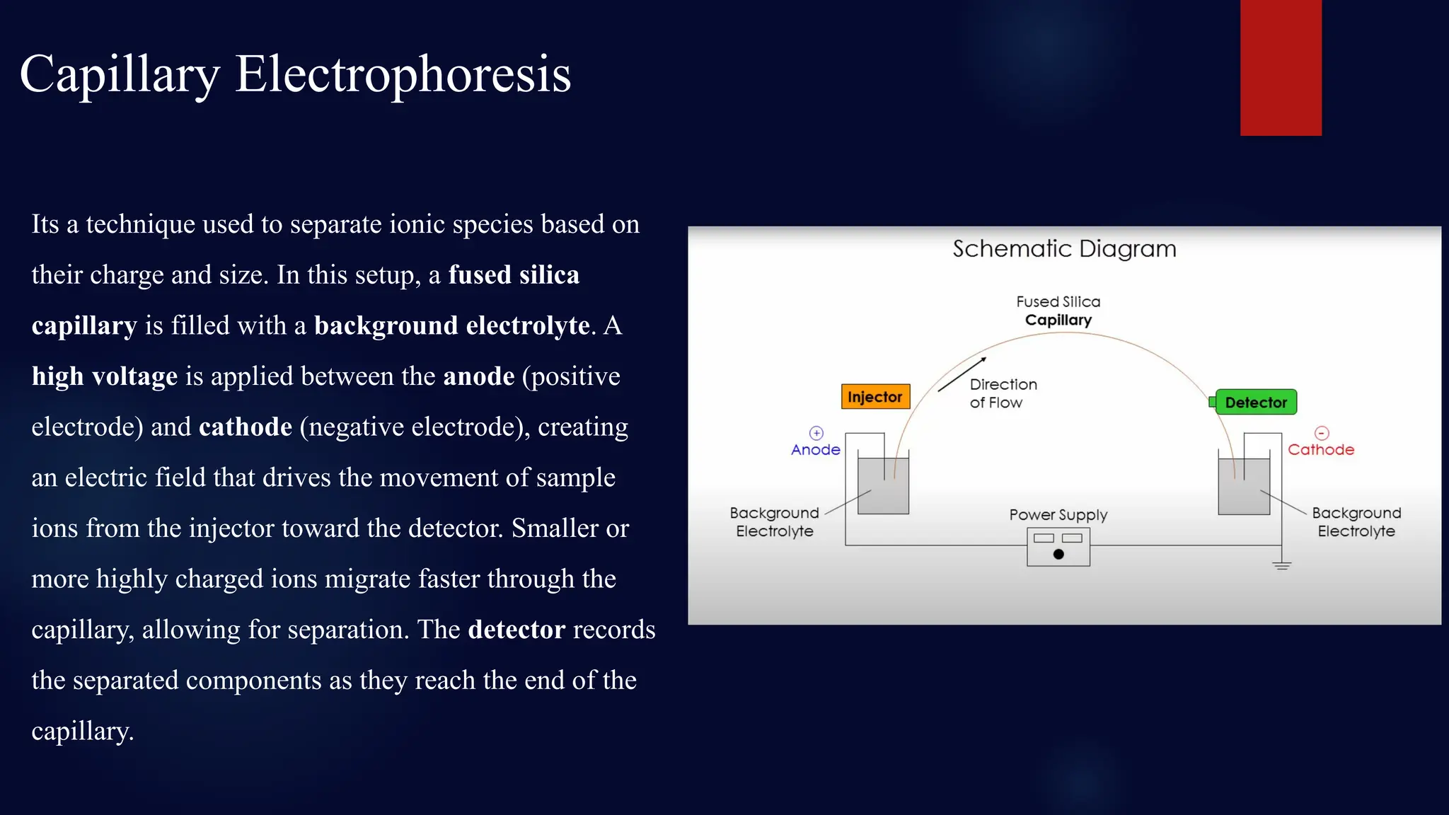 Capillary Electrophoresis
Its a technique used to separate ionic species based on
their charge and size. In this setup, a fused silica
capillary is filled with a background electrolyte. A
high voltage is applied between the anode (positive
electrode) and cathode (negative electrode), creating
an electric field that drives the movement of sample
ions from the injector toward the detector. Smaller or
more highly charged ions migrate faster through the
capillary, allowing for separation. The detector records
the separated components as they reach the end of the
capillary.
 