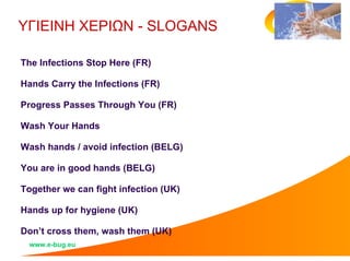 ΥΓΙΕΙΝΗ ΧΕΡΙΩΝ - SLOGANS

The Infections Stop Here (FR)

Hands Carry the Infections (FR)

Progress Passes Through You (FR)...