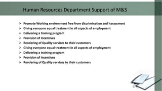 Human Resources Department Support of M&S
Human Resources Department Support of M&S
 Promote Working environment free from discrimination and harassment
 Giving everyone equal treatment in all aspects of employment
 Delivering a training program
 Provision of Incentives
 Rendering of Quality services to their customers
 Giving everyone equal treatment in all aspects of employment
 Delivering a training program
 Provision of Incentives
 Rendering of Quality services to their customers
 