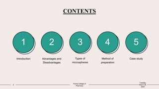 CONTENTS
1 4 5
Introduction
2 3
Advantages and
Disadvantages
Types of
microspheres
Method of
preparation
Case study
2
Poona College of
Pharmacy
Tuesday,
March 28,
2023
 