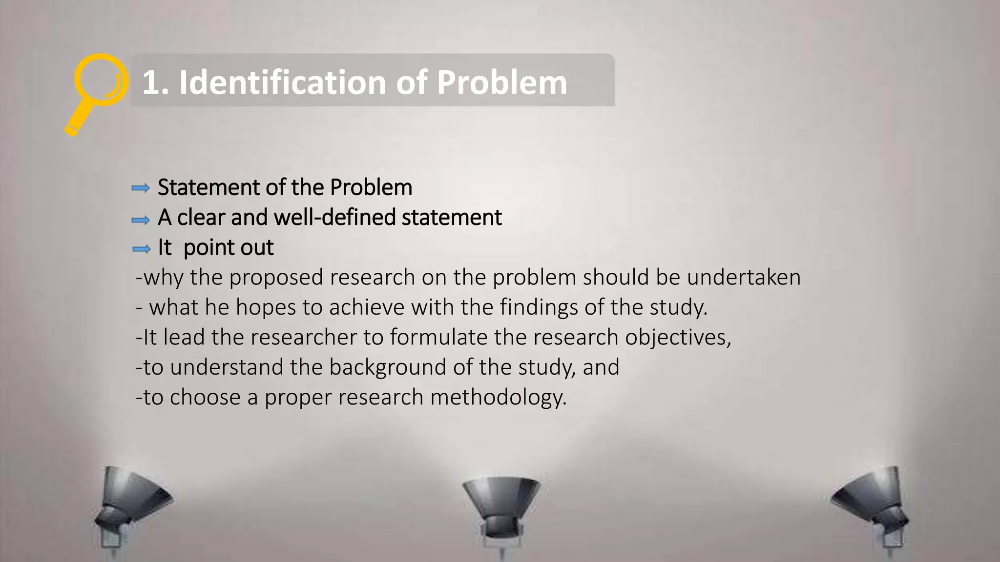 1. Identification of Problem
Statement of the Problem
A clear and well-defined statement
It point out
-why the proposed research on the problem should be undertaken
- what he hopes to achieve with the findings of the study.
-It lead the researcher to formulate the research objectives,
-to understand the background of the study, and
-to choose a proper research methodology.
 