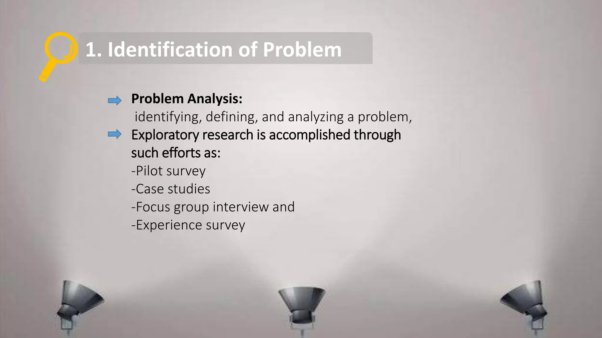 1. Identification of Problem
Problem Analysis:
identifying, defining, and analyzing a problem,
Exploratory research is accomplished through
such efforts as:
-Pilot survey
-Case studies
-Focus group interview and
-Experience survey
 