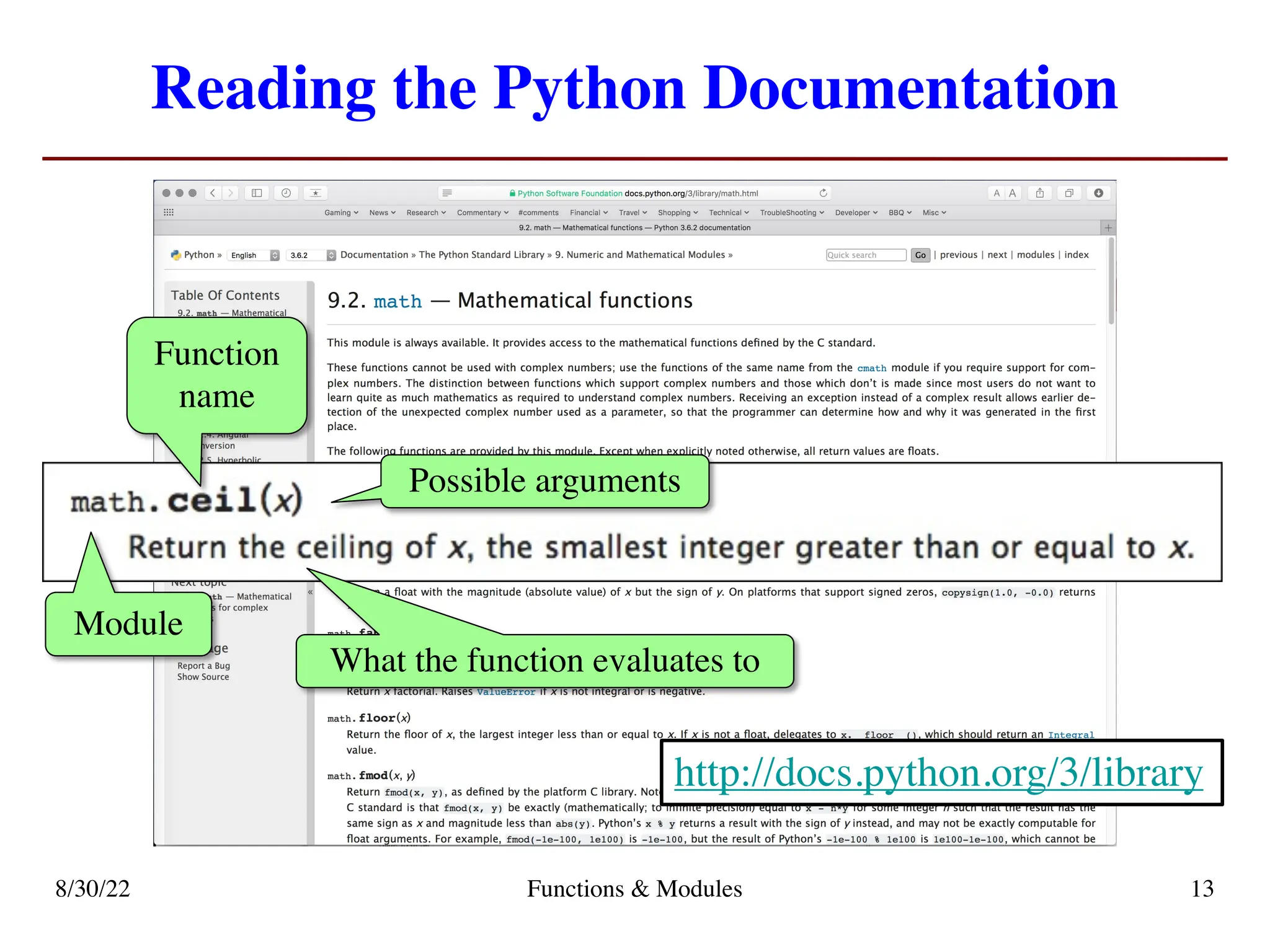 Reading the Python Documentation
8/30/22 Functions & Modules 13
Function
name
Possible arguments
What the function evaluates to
Module
http://docs.python.org/3/library
 