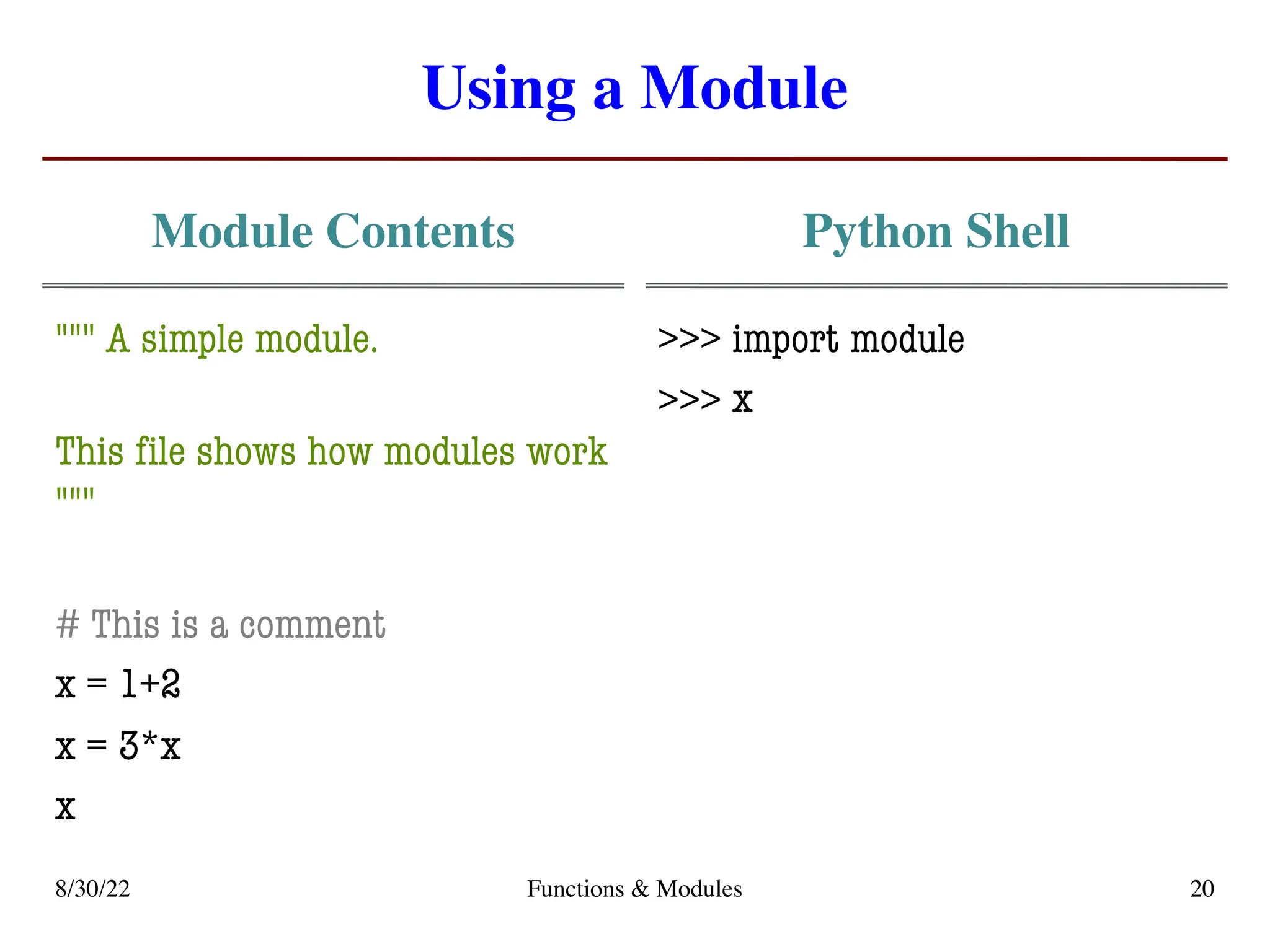 Using a Module
Module Contents
""" A simple module.
This file shows how modules work
"""
# This is a comment
x = 1+2
x = 3*x
x
Python Shell
>>> import module
>>>
8/30/22 Functions & Modules 20
x
 