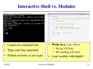 Interactive Shell vs. Modules
8/30/22 Functions & Modules 14
• Write in a code editor
§ We use VS Code
§ But anything will work
• Load module with import
• Launch in command line
• Type each line separately
• Python executes as you type
 