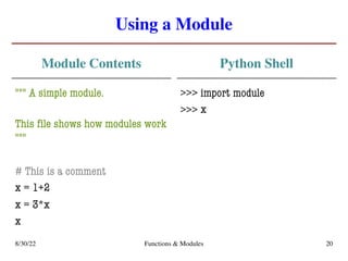 Using a Module
Module Contents
""" A simple module.
This file shows how modules work
"""
# This is a comment
x = 1+2
x = 3*x
x
Python Shell
>>> import module
>>>
8/30/22 Functions & Modules 20
x
 