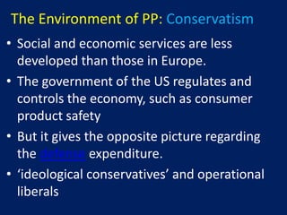The Environment of PP: Conservatism
• Social and economic services are less
  developed than those in Europe.
• The government of the US regulates and
  controls the economy, such as consumer
  product safety
• But it gives the opposite picture regarding
  the defense expenditure.
• ‘ideological conservatives’ and operational
  liberals
 