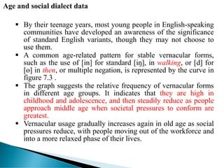 Age and social dialect data
 By their teenage years, most young people in English-speaking
communities have developed an awareness of the significance
of standard English variants, though they may not choose to
use them.
 A common age-related pattern for stable vernacular forms,
such as the use of [in] for standard [iŋ], in walking, or [d] for
[ɵ] in then, or multiple negation, is represented by the curve in
figure 7.3 .
 The graph suggests the relative frequency of vernacular forms
in different age groups. It indicates that they are high in
childhood and adolescence, and then steadily reduce as people
approach middle age when societal pressures to conform are
greatest.
 Vernacular usage gradually increases again in old age as social
pressures reduce, with people moving out of the workforce and
into a more relaxed phase of their lives.
 