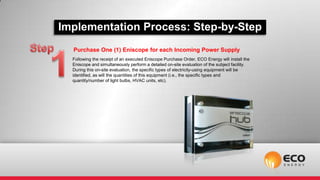 Implementation Process: Step-by-Step
  Purchase One (1) Eniscope for each Incoming Power Supply
  Following the receipt of an executed Eniscope Purchase Order, ECO Energy will install the
  Eniscope and simultaneously perform a detailed on-site evaluation of the subject facility.
  During this on-site evaluation, the specific types of electricity-using equipment will be
  identified, as will the quantities of this equipment (i.e., the specific types and
  quantity/number of light bulbs, HVAC units, etc).
 