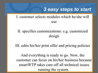 3 easy steps to start I. customer selects modules which he/she will use II. specifies customizations: e.g. customized design III. edits his/her print offer and pricing policies And everything is ready to go. Now, the customer can focus on his/her business because smartWTP takes care off all technical issues running the system.  