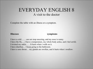 EVERYDAY ENGLISH 8 A visit to the doctor Complete the table with an illness or a symptom. Illnesses  symptoms I have a cold…… can not stop sneezing, and my nose is runny. I have the flu......I have a temperature, my whole body aches, and i feel awful. I twisted my ankle……It hurts when i walk on it. I have diarrhea… I keep going to the bathroom. I have a sore throat… my glands are swollen, and it hurts when i swallow. 