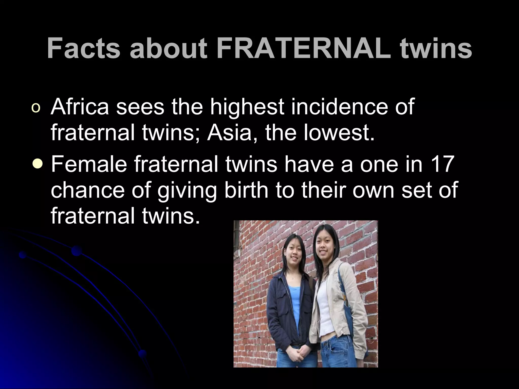Facts about FRATERNAL twins Africa sees the highest incidence of fraternal twins; Asia, the lowest. Female fraternal twins have a one in 17 chance of giving birth to their own set of fraternal twins. 