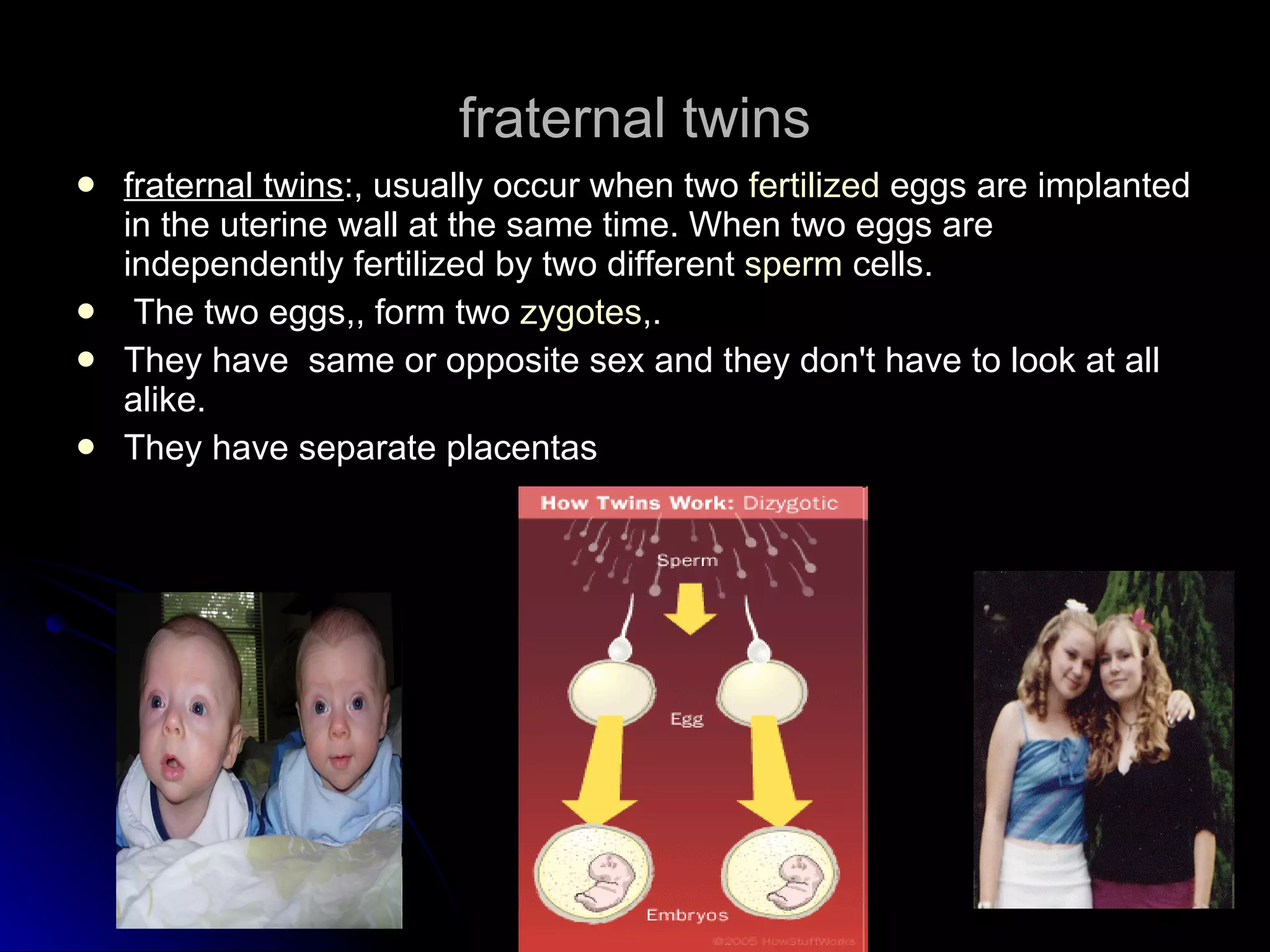 fraternal twins fraternal twins :, usually occur when two  fertilized  eggs are implanted in the uterine wall at the same time. When two eggs are independently fertilized by two different  sperm  cells. The two eggs,, form two  zygotes ,. They have  same or opposite sex and they don't have to look at all alike. They have separate placentas 
