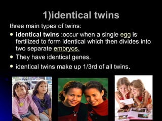 1)identical twins three main types of twins:  identical twins  :occur when a single  egg  is fertilized to form identical which then divides into two separate  embryos . They have identical genes. identical twins make up 1/3rd of all twins .  