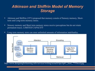 Atkinson and Shiffrin Model of Memory Storage Atkinson and Shiffrin (1971) proposed that memory consits of Sensory memory, Short-term and Long-term memory stores.  Sensory memory and Short term memory stores receive perceptions but do not retain permanent traces. LIMITED CAPACITY Long term memory store can store unlimited amounts of information indefinatley.  http://www.designingforlearning.info/services/writing/ecoach/tips/tip61_html_77f1bccd.jpg 