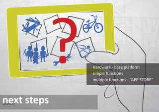 D
              O<  ?i
                      I

                       Hardware - base platform
                       simple functions
                       multiple functions - “APP STORE”



next steps
what is it?
 