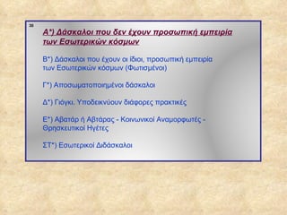 30
                  Α*) Δάσκαλοι που δεν έχουν προσωπική εμπειρία
                  των Εσωτερικών κόσμων

                  Β*) Δάσκαλοι που έχουν οι ίδιοι, προσωπική εμπειρία
                  των Εσωτερικών κόσμων (Φωτισμένοι)

                  Γ*) Αποσωματοποιημένοι δάσκαλοι

                  Δ*) Γιόγκι. Υποδεικνύουν διάφορες πρακτικές

                  Ε*) Αβατάρ ή Αβτάρας - Κοινωνικοί Αναμορφωτές -
                  Θρησκευτικοί Ηγέτες

                  ΣΤ*) Εσωτερικοί Διδάσκαλοι




ΠΙΝΑΚΑΣ 30
 