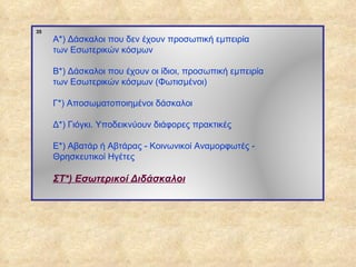 35
                  Α*) Δάσκαλοι που δεν έχουν προσωπική εμπειρία
                  των Εσωτερικών κόσμων

                  Β*) Δάσκαλοι που έχουν οι ίδιοι, προσωπική εμπειρία
                  των Εσωτερικών κόσμων (Φωτισμένοι)

                  Γ*) Αποσωματοποιημένοι δάσκαλοι

                  Δ*) Γιόγκι. Υποδεικνύουν διάφορες πρακτικές

                  Ε*) Αβατάρ ή Αβτάρας - Κοινωνικοί Αναμορφωτές -
                  Θρησκευτικοί Ηγέτες

                  ΣΤ*) Εσωτερικοί Διδάσκαλοι




ΠΙΝΑΚΑΣ 35
 