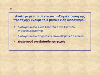 61




                   Ανάλογα με το πού γίνεται η «Συγκέντρωση της
                  προσοχής» έχουμε τρία βασικά είδη διαλογισμού:

                  1. Διαλογισμό στο Υλικό Επίπεδο ή στο Επίπεδο
                     της καθημερινότητας
                  •   Διαλογισμό στο Νοητικό και Συναισθηματικό Επίπεδο
                  •   Διαλογισμό στο Επίπεδο της ψυχής




ΠΙΝΑΚΑΣ 61
 