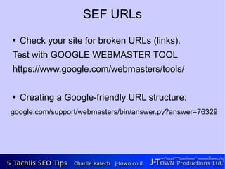 SEF URLs
●   Check your site for broken URLs (links).
Test with GOOGLE WEBMASTER TOOL
https://www.google.com/webmasters/tools/

●   Creating a Google-friendly URL structure:
google.com/support/webmasters/bin/answer.py?answer=76329
 