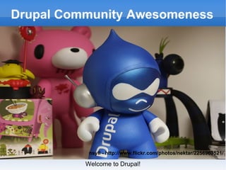 Drupal Community Awesomeness Welcome to Drupal! nsyll - http://www.flickr.com/photos/nektar/2256963521/ 