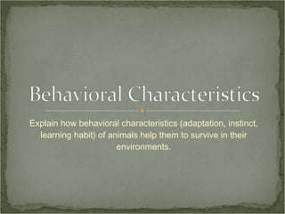 Explain how behavioral characteristics (adaptation, instinct, learning habit) of animals help them to survive in their environments. 