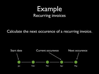 Example
                 Recurring invoices


Calculate the next occurence of a recurring invoice.



  Start date          Current occurence         Next occurence




        Jan    Febr          Mar          Apr       May
 