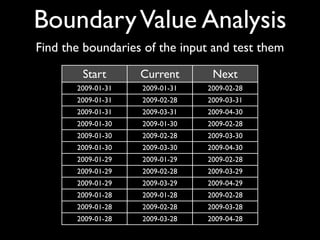 Boundary Value Analysis
Find the boundaries of the input and test them

        Start       Current       Next
       2009-01-31   2009-01-31   2009-02-28
       2009-01-31   2009-02-28   2009-03-31
       2009-01-31   2009-03-31   2009-04-30
       2009-01-30   2009-01-30   2009-02-28
       2009-01-30   2009-02-28   2009-03-30
       2009-01-30   2009-03-30   2009-04-30
       2009-01-29   2009-01-29   2009-02-28
       2009-01-29   2009-02-28   2009-03-29
       2009-01-29   2009-03-29   2009-04-29
       2009-01-28   2009-01-28   2009-02-28
       2009-01-28   2009-02-28   2009-03-28
       2009-01-28   2009-03-28   2009-04-28
 