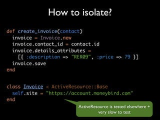 How to isolate?
def create_invoice(contact)
  invoice = Invoice.new
  invoice.contact_id = contact.id
  invoice.details_attributes =
    [{ :description => "RER09", :price => 79 }]
  invoice.save
end


class Invoice < ActiveResource::Base
  self.site = "https://account.moneybird.com"
end
                          ActiveResource is tested elsewhere +
                                   very slow to test
 
