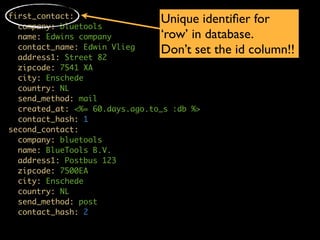 first_contact:
  company: bluetools
                                Unique identiﬁer for
  name: Edwins company          ‘row’ in database.
  contact_name: Edwin Vlieg     Don’t set the id column!!
  address1: Street 82
  zipcode: 7541 XA
  city: Enschede
  country: NL
  send_method: mail
  created_at: <%= 60.days.ago.to_s :db %>
  contact_hash: 1
second_contact:
  company: bluetools
  name: BlueTools B.V.
  address1: Postbus 123
  zipcode: 7500EA
  city: Enschede
  country: NL
  send_method: post
  contact_hash: 2
 