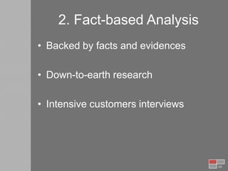 Backed by facts and evidences Down-to-earth researchIntensive customers interviews2/52. Fact-based Analysis