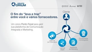 O ﬁm do “leva e traz”!
entre você e vários fornecedores.	
  
Um único Ponto Focal para gerir
sua plataforma de Comunicação
Integrada e Marketing.
 