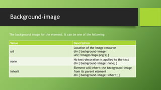 Background-image
Value Description
url
Location of the image resource
div { background-image:
url("/images/logo.png"); }
none
No text-decoration is applied to the text
div { background-image: none; }
inherit
Element will inherit the background-image
from its parent element
div { background-image: inherit; }
The background image for the element. It can be one of the following:
 