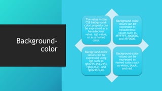 Background-
color
The value in the
CSS background-
color property can
be expressed as a
hexadecimal
value, rgb value,
or as a named
color.
Background-color
values can be
expressed in
hexadecimal
values such as
#FFFFFF, #000000,
and #FF0000.
Background-color
values can be
expressed using
rgb such as
rgb(255,255,255),
rgb(0,0,0), and
rgb(255,0,0).
Background-color
values can be
expressed as
named colors such
as white, black,
and red.
 