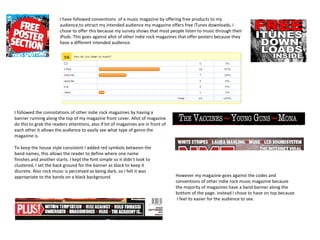 I have followed conventions of a music magazine by offering free products to my
                       audience,to attract my intended audience my magazine offers free iTunes downloads, i
                       chose to offer this because my survey shows that most people listen to music through their
                       iPods. This goes against allot of other indie rock magazines that offer posters because they
                       have a different intended audience.




I followed the connotations of other indie rock magazines by having a
banner running along the top of my magazine front cover. Allot of magazine
do this to grab the readers attentions, also if lot of magazines are in front of
each other it allows the audience to easily see what type of genre the
magazine is.

To keep the house style consistent I added red symbols between the
band names, this allows the reader to define where one name
finishes and another starts. I kept the font simple so it didn’t look to
clustered, I set the back ground for the banner as black to keep it
discrete. Also rock music is perceived as being dark, so I felt it was
appropriate to the bands on a black background.                                    However my magazine goes against the codes and
                                                                                   conventions of other indie rock music magazine because
                                                                                   the majority of magazines have a band banner along the
                                                                                   bottom of the page. instead I chose to have on top because
                                                                                    I feel its easier for the audience to see.
 